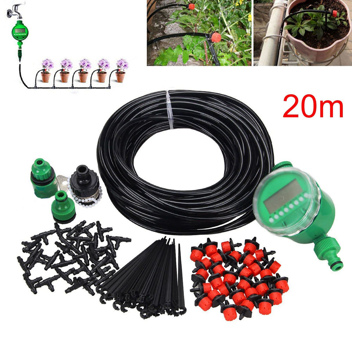 1 Set 20m Auto Timer Plant Self Watering Drip Irrigation Micro System Garden Dripper Hose Kits