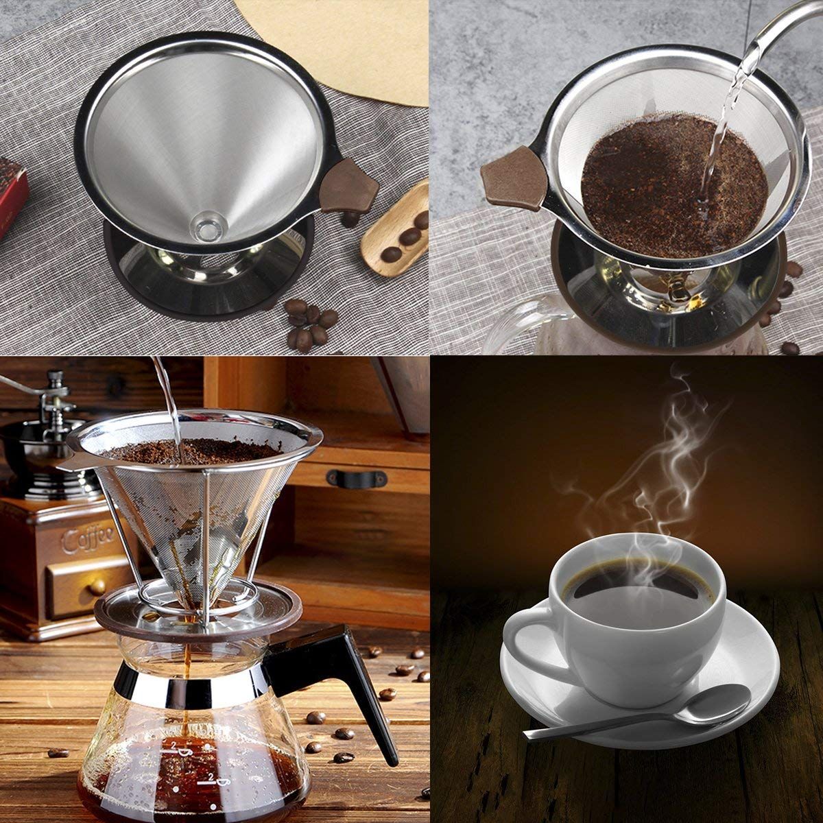1x Portable 304 Stainless Steel Drip Dripper Double Layer Mesh Coffee Cone Filter Holder Infuse