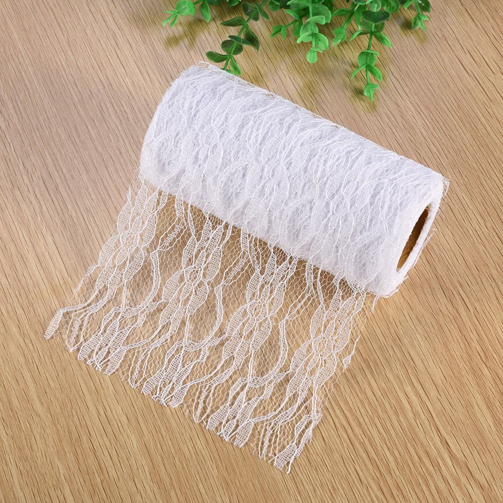 10 Yard Long Wedding Party Decoration Table Runner Chair Sash Floral Lace Tulle Roll (White)