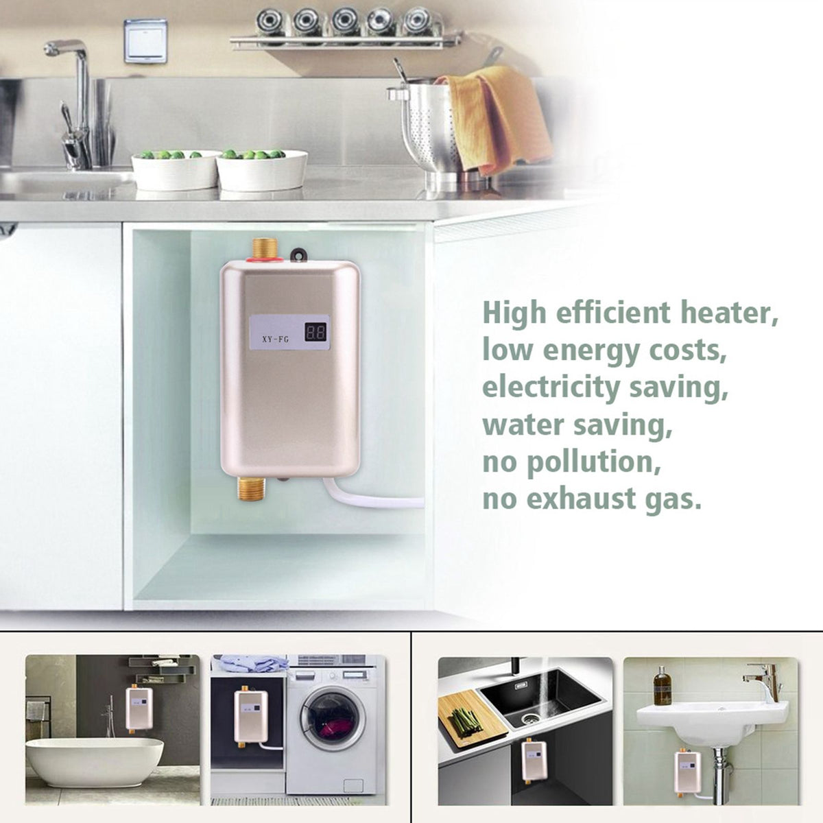 220V 3800W Mini Electric Tankless Instant Hot Water Heater Bathroom Kitchen Washing Golden