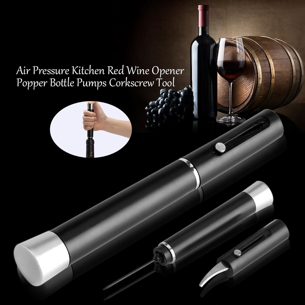 Air Pressure Kitchen Red Wine Bottle Opener Corkscrew Tool Black with Blade