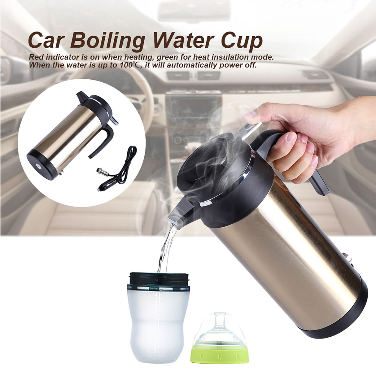 850mL 12V Portable in Car Stainless Steel Electric Heating Cup Boiling Water Bettle Travel Use