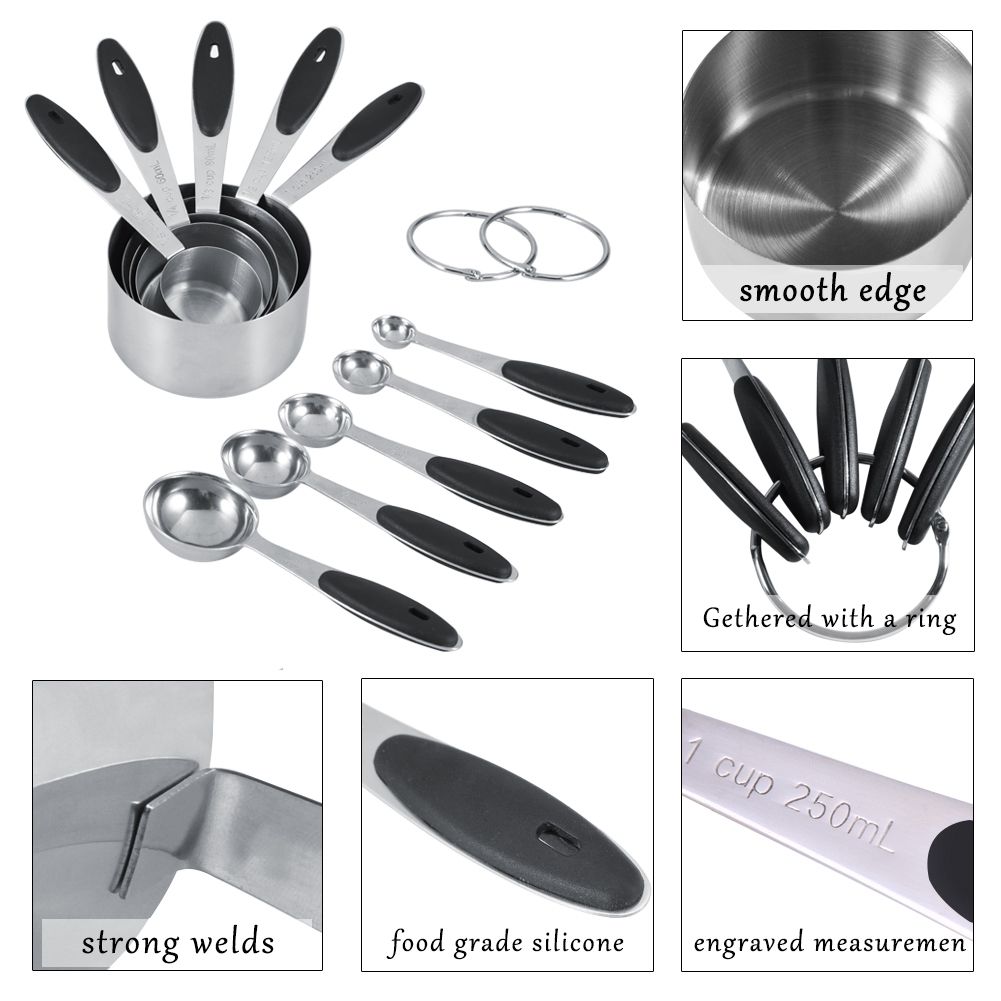 Ejoyous 10 Pieces Stainless Steel Measuring Cups and Spoons with Silicone Handle Grip Kitchen M