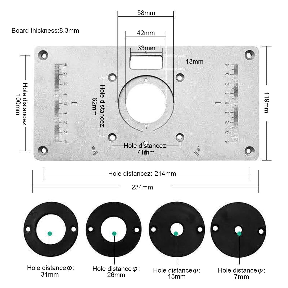 235*120*8mm Aluminum Router Table Insert Plate with 4 Rings and Screws for Woodworking Benches
