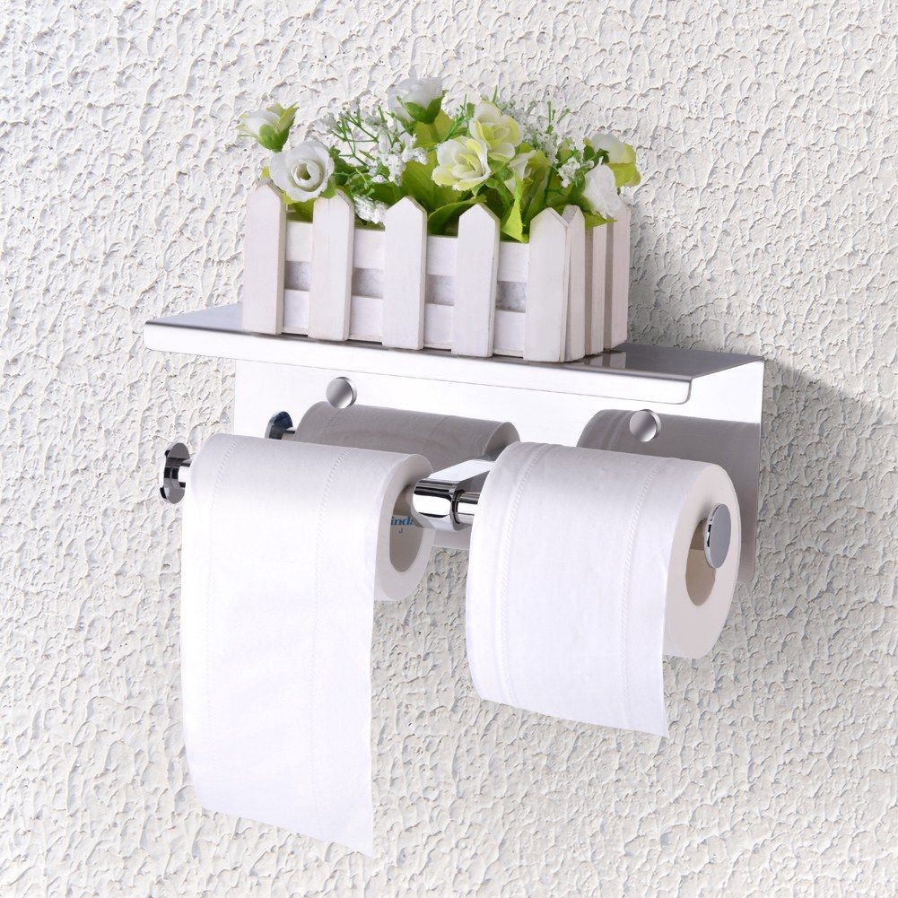 Wall Mounted SUS 304 Stainless Steel Double Roll Toilet Paper Holder, Dual Paper Tissue Roll