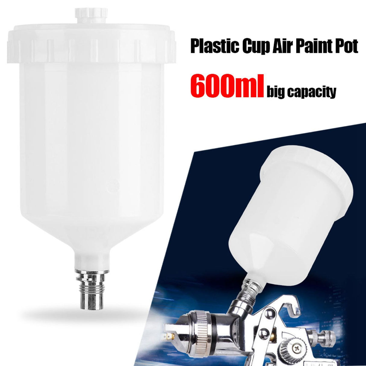 Plastic Cup Air Gravity Paint Pot Thread Connector for Spray Gun Tool 600ml Capacity