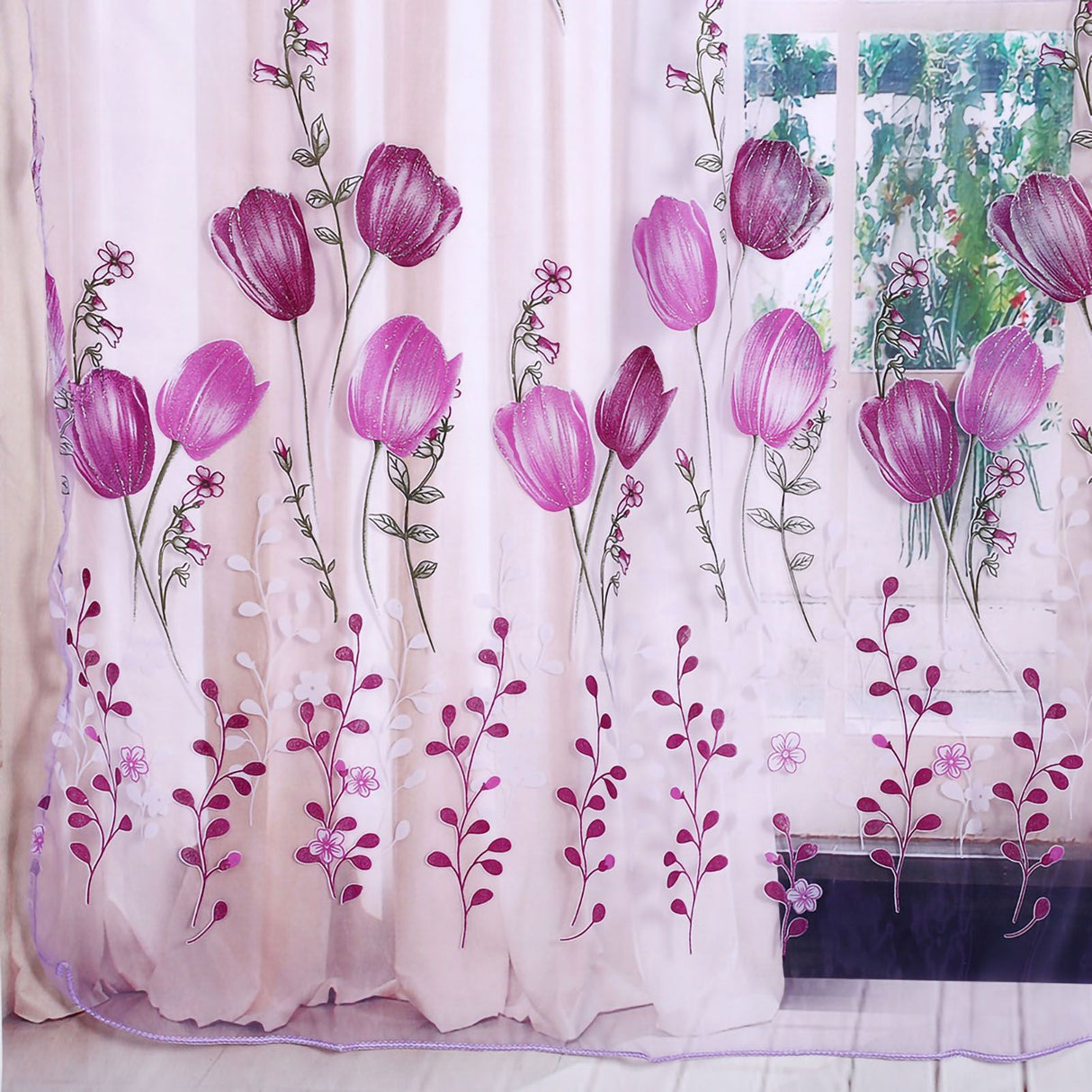 100*200cm Tulips Printing Tulle Curtains Sheer Drape Balcony Window Decoration Purple