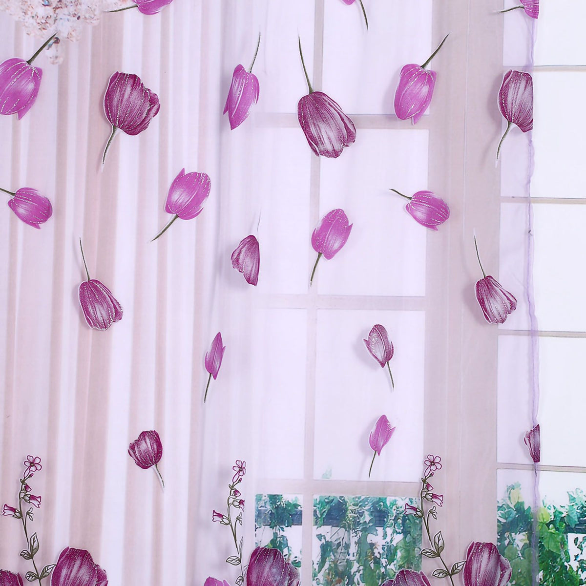 100*200cm Tulips Printing Tulle Curtains Sheer Drape Balcony Window Decoration Purple