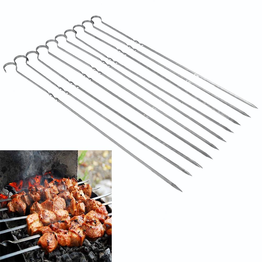10PCS BBQ Barbecue Grilling Cooking Long Stainless Steel Kabob Kebab Flat Skewers Needle New