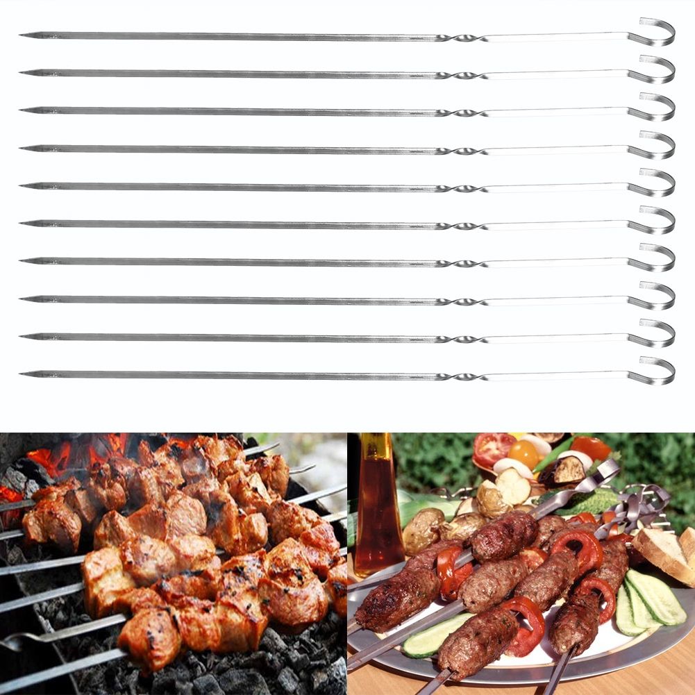 10PCS BBQ Barbecue Grilling Cooking Long Stainless Steel Kabob Kebab Flat Skewers Needle New