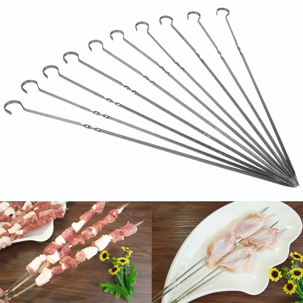 10PCS BBQ Barbecue Grilling Cooking Long Stainless Steel Kabob Kebab Flat Skewers Needle New