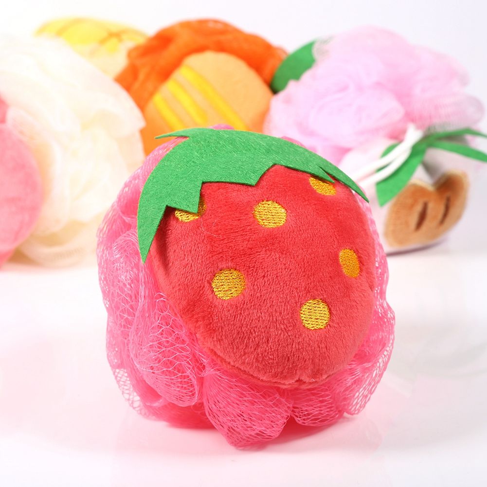 Colorful Fruit Shape Mesh Brush Shower Ball Exfoliating Body Cleansing Scrub Sponge #Strawberry