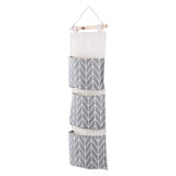 3 Pockets Cotton Linen Wall Hanging Storage Bag Door Pouch Bedroom Home Office Organizer Gray - Side View