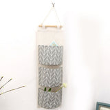 3 Pockets Cotton Linen Wall Hanging Storage Bag Door Pouch Bedroom Home Office Organizer Gray - Close-Up Angle
