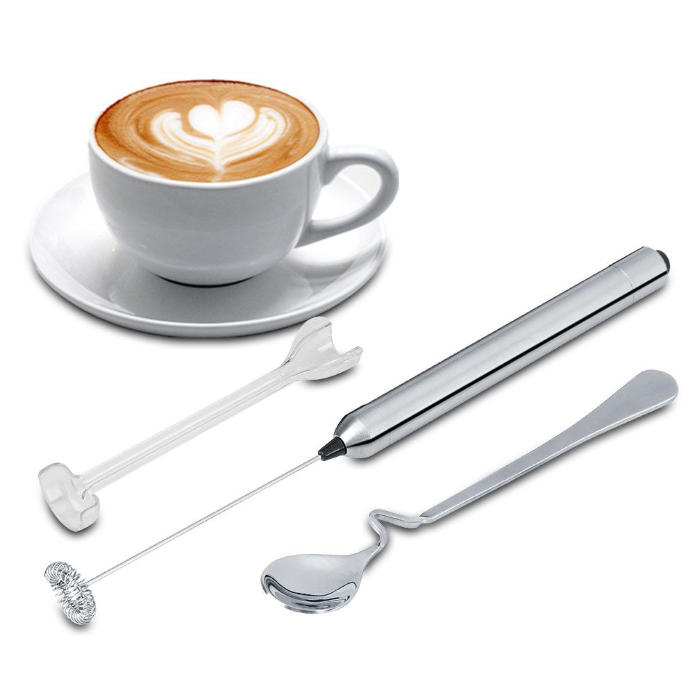 Kitchen Stainless Steel Handheld Battery Operated Electric Coffee Milk Frother with Spoon