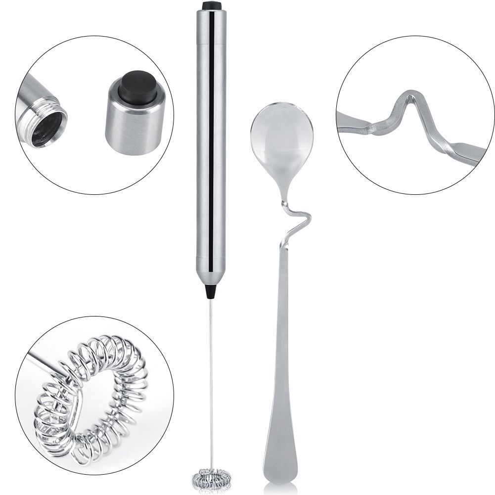 Kitchen Stainless Steel Handheld Battery Operated Electric Coffee Milk Frother with Spoon