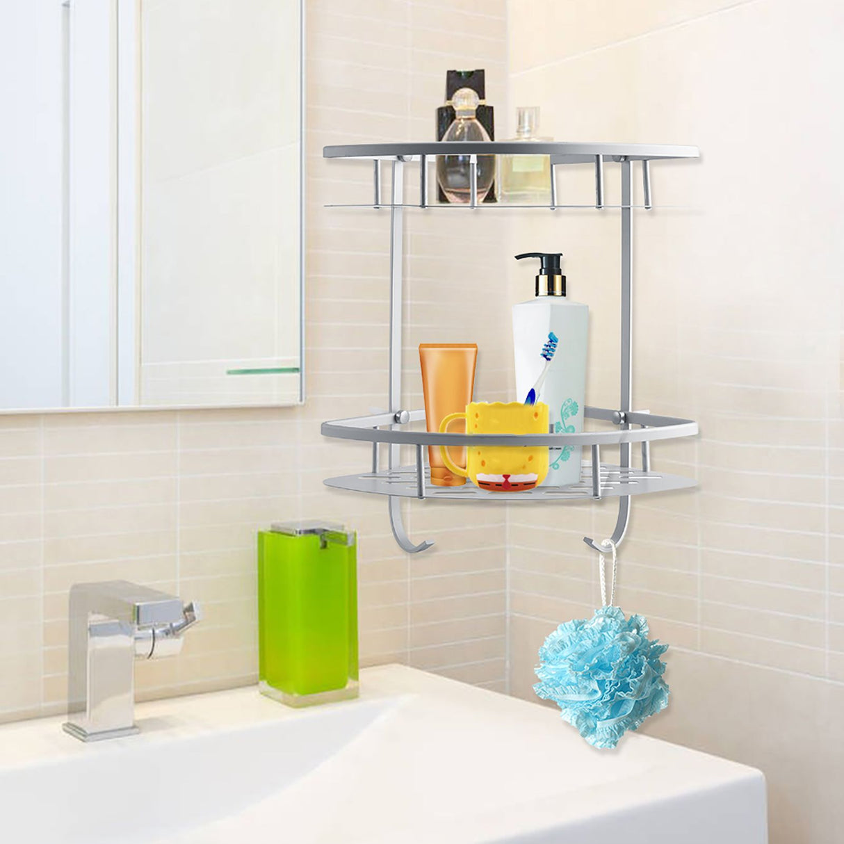 Aluminum Dual Tier Shower Caddy Shelf Bathroom Corner Rack Storage Towel Holder