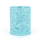 Office Desk Hollow Rose Flower Pattern Pen Pencil Pot Holder Container Organizer(Blue) - Front View