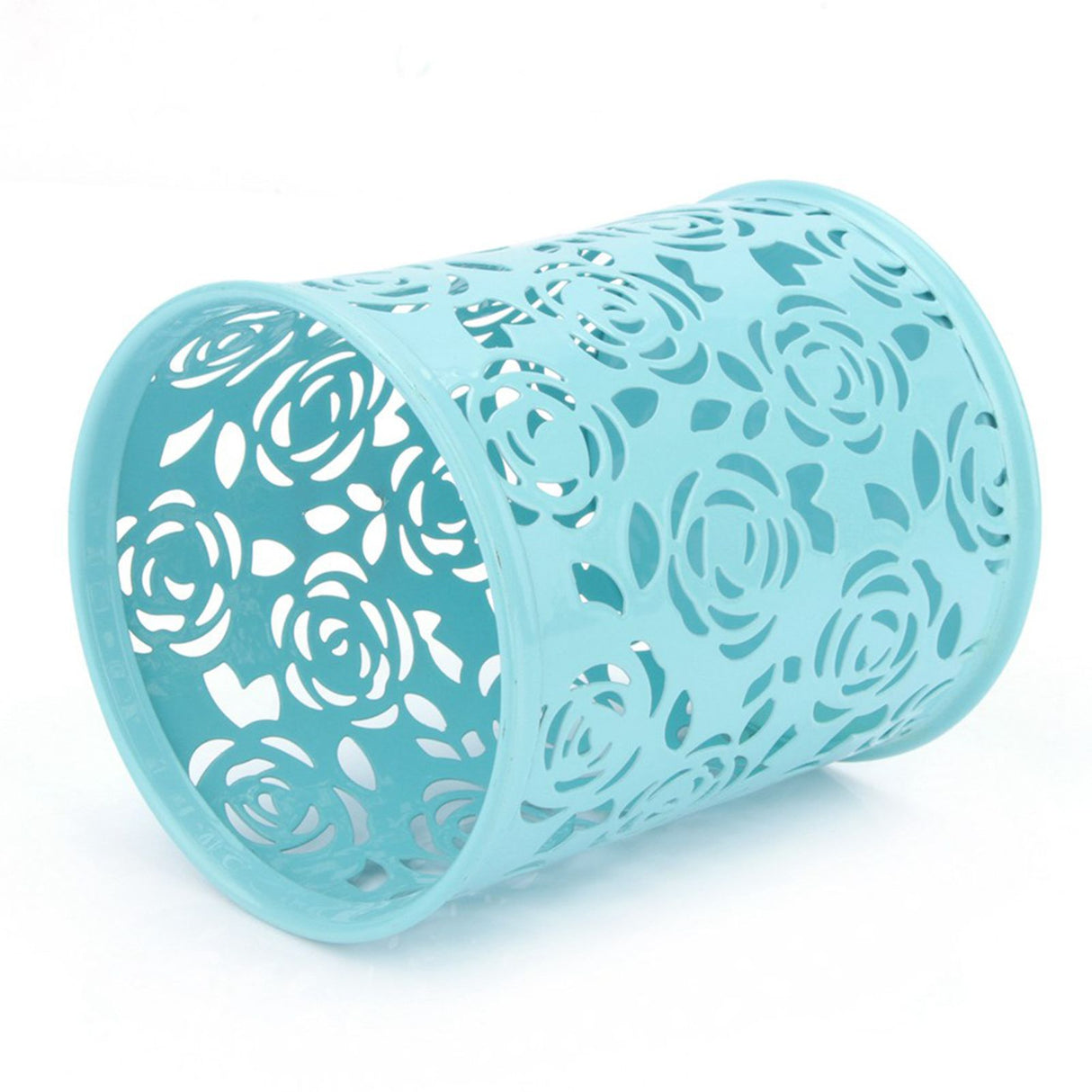 Office Desk Hollow Rose Flower Pattern Pen Pencil Pot Holder Container Organizer(Blue)