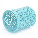Office Desk Hollow Rose Flower Pattern Pen Pencil Pot Holder Container Organizer(Blue) - Side View