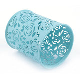 Office Desk Hollow Rose Flower Pattern Pen Pencil Pot Holder Container Organizer(Blue) - Top-Down View