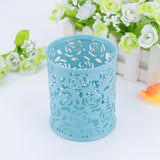 Office Desk Hollow Rose Flower Pattern Pen Pencil Pot Holder Container Organizer(Blue)