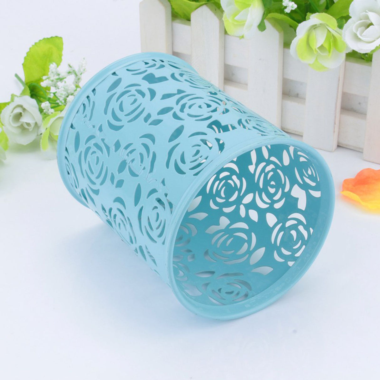 Office Desk Hollow Rose Flower Pattern Pen Pencil Pot Holder Container Organizer(Blue)