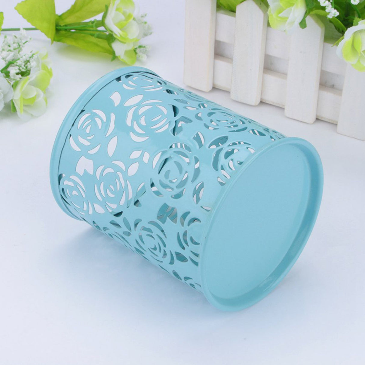 Office Desk Hollow Rose Flower Pattern Pen Pencil Pot Holder Container Organizer(Blue)