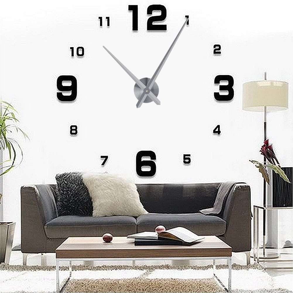 Modern DIY Large Wall Clock Kit 3D Mirror Surface Sticker for Home Office Room