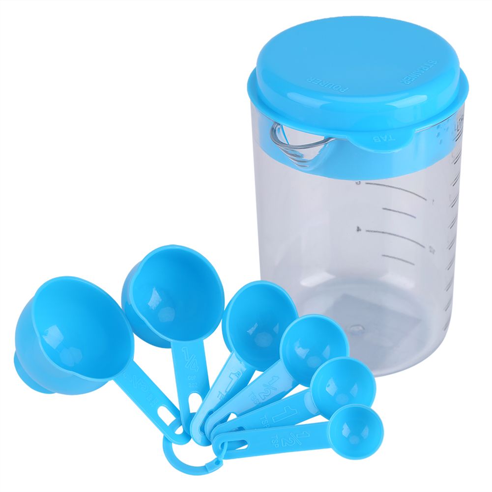 7Pcs Set Plastic Measuring Cups Spoons Measure Tea Coffee Kitchen Utensil Blue