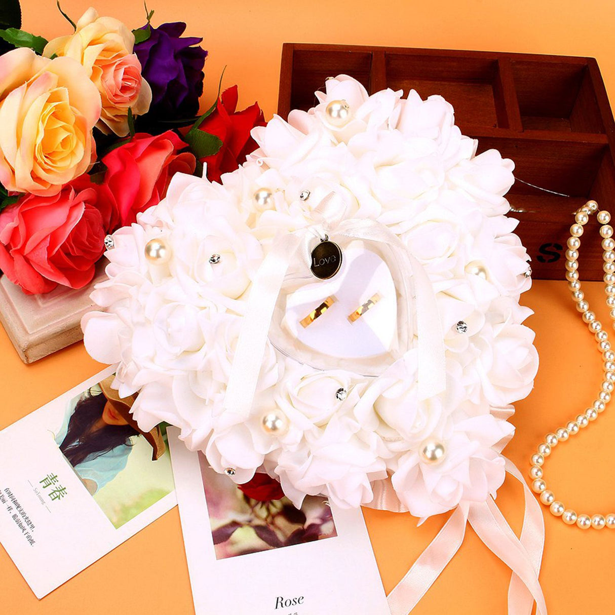 Romantic Rose Wedding Favors Heart Pearl Gift Ring Box Pillow Cushion