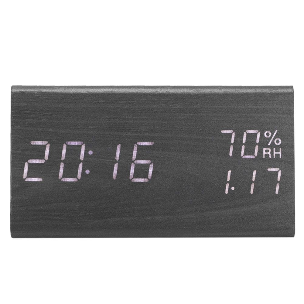 Wooden Alarm Clock, Wood LED Digital Desk Clock With Time Temperature Adjustable Brightness