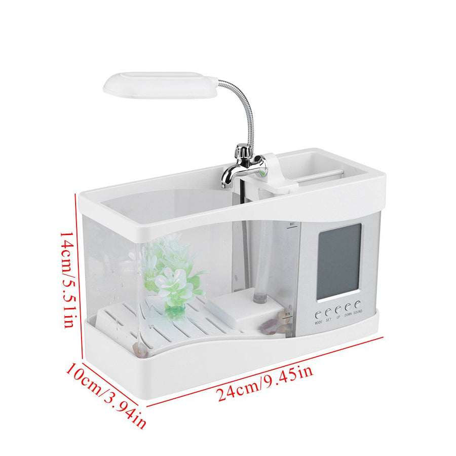 Multifunctional USB Rechargeable Mini Fish Tank Aquarium with Clock Function LED Light White