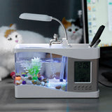 Multifunctional USB Rechargeable Mini Fish Tank Aquarium with Clock Function LED Light White - Low Angle