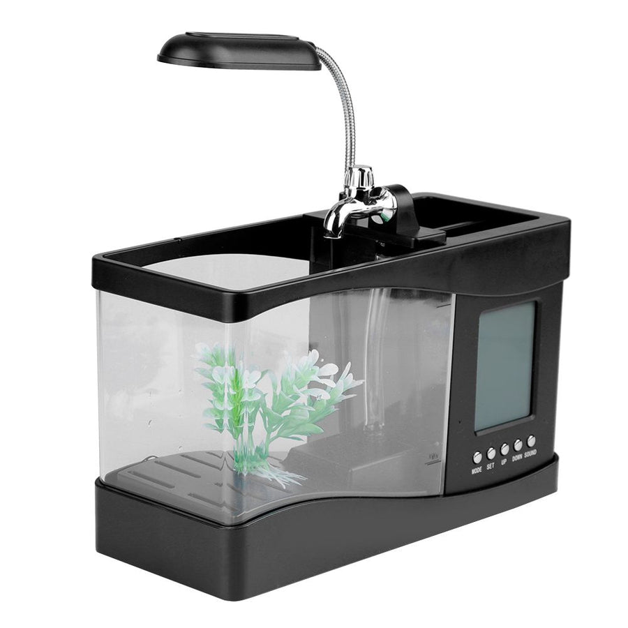 Multifunctional USB Rechargeable Mini Fish Tank Aquarium with Clock Function LED Light Black