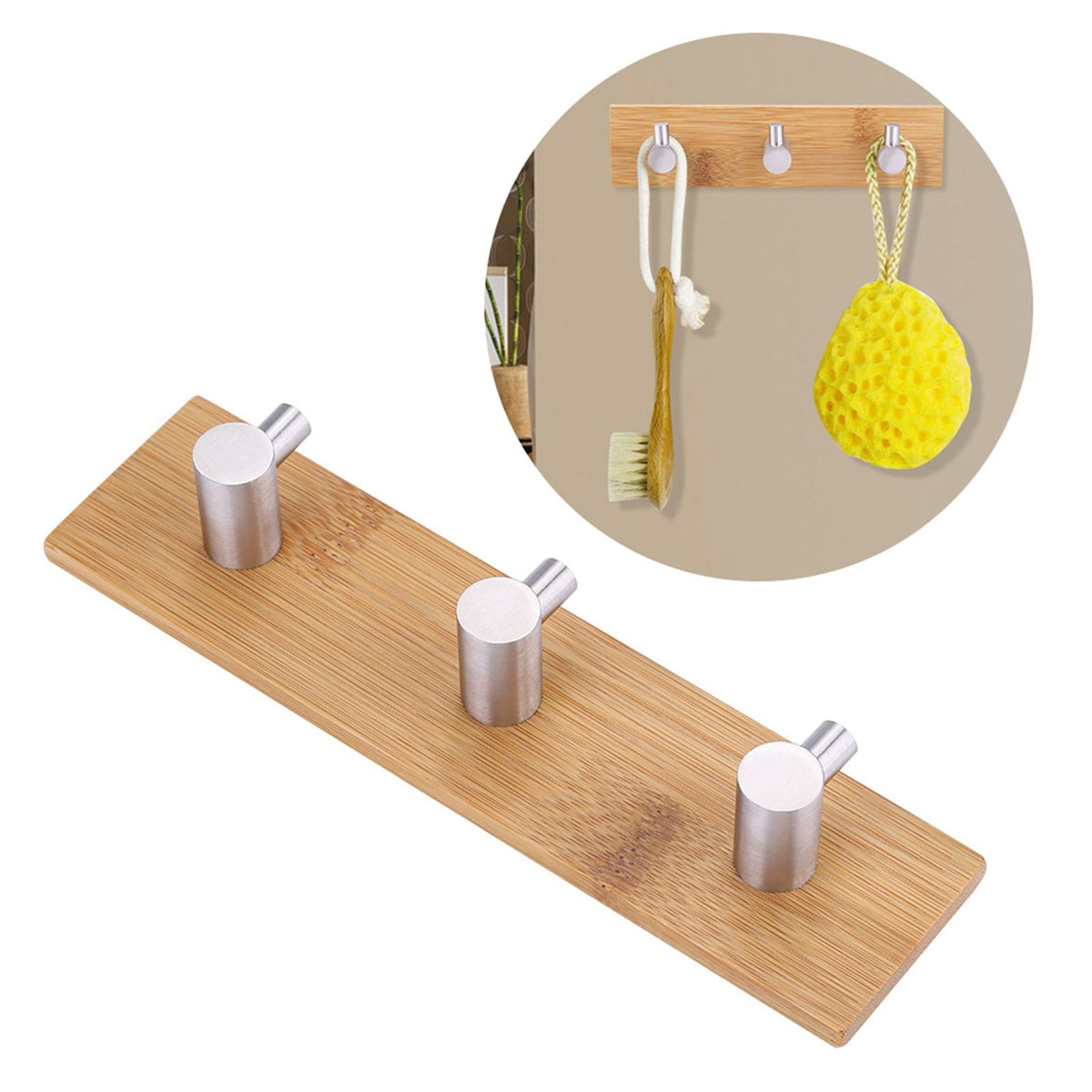 Natural Bamboo Stainless Steel Wall Hanger Hook Bag Key Towel Hanger Kitchen Three Hook