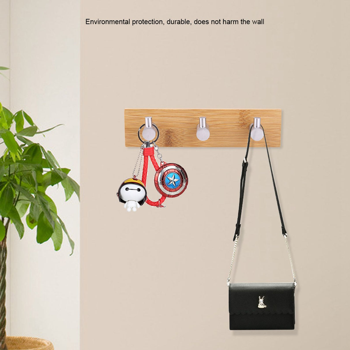 Natural Bamboo Stainless Steel Wall Hanger Hook Bag Key Towel Hanger Kitchen Three Hook