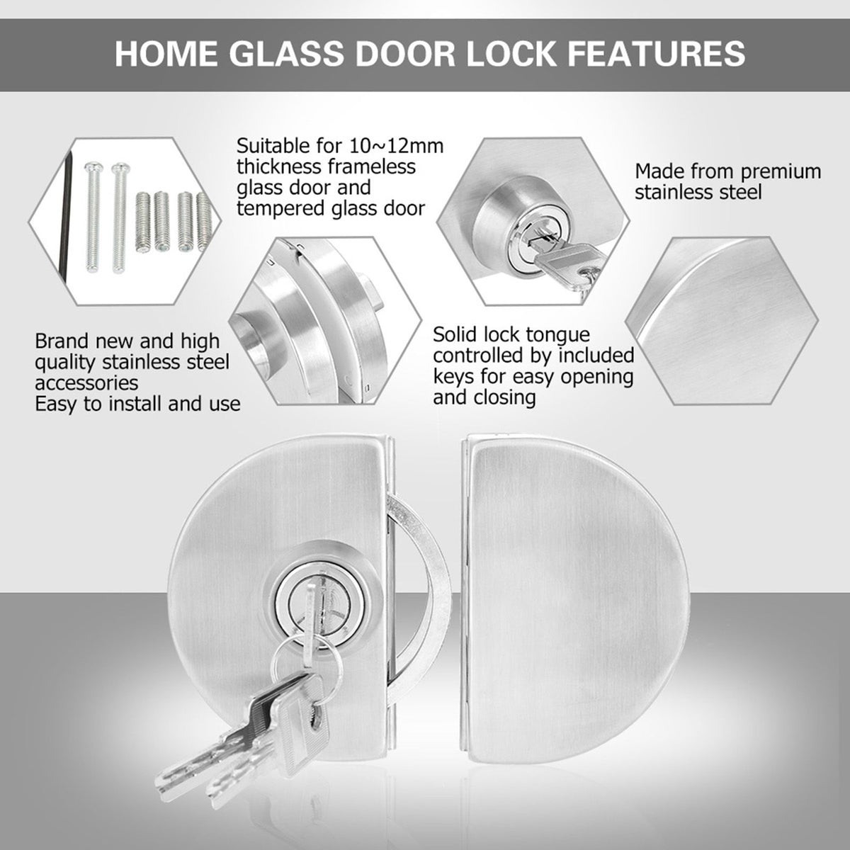Stainless Steel 10~12mm Glass Door Lock with Keys Open/Close Home Hotel Bathroom Use