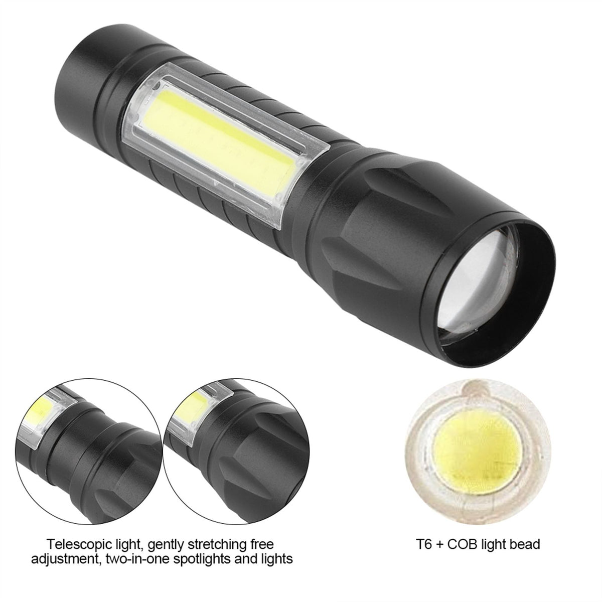 Portable XPE + COB Waterproof Telescopic Zoom 3 Modes LED Torch Outdoor