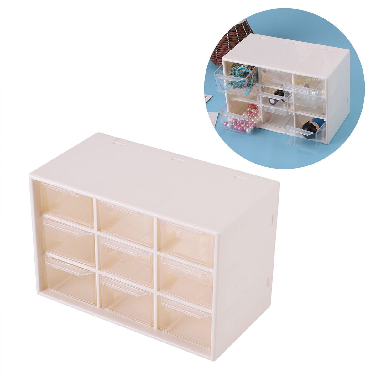 Portable Plastic 9 Lattice Mini Cabinets Drawer Jewelry Cosmetic Storage Box White