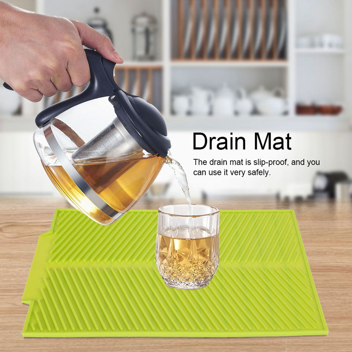 Rectangle Silicone Drain Mat Drying Dishes Pad Heat Resistant Slip proof Tray(Green)