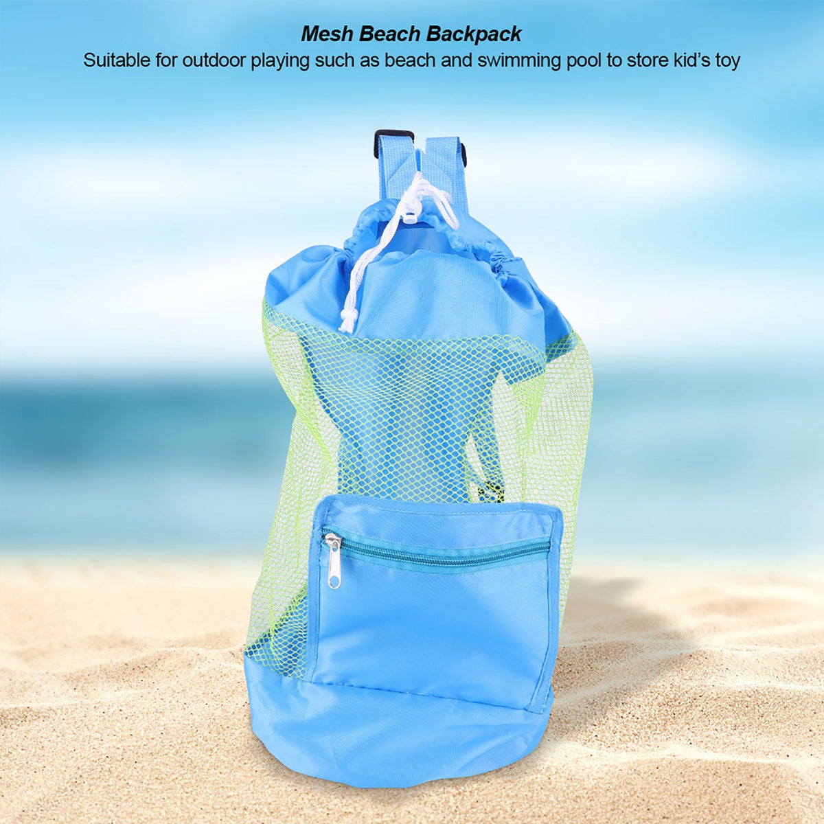 Portable Children Kids Mesh Drawstring Backpack Outdoor Beach Shell Toy Storage Bag (Blue)