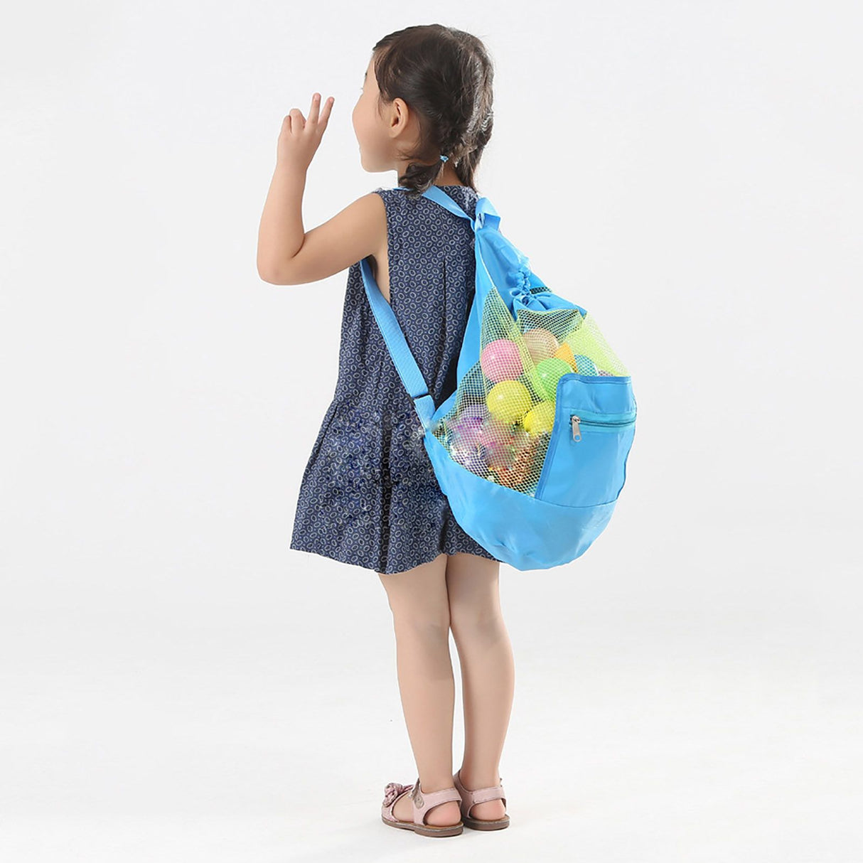 Portable Children Kids Mesh Drawstring Backpack Outdoor Beach Shell Toy Storage Bag (Blue)