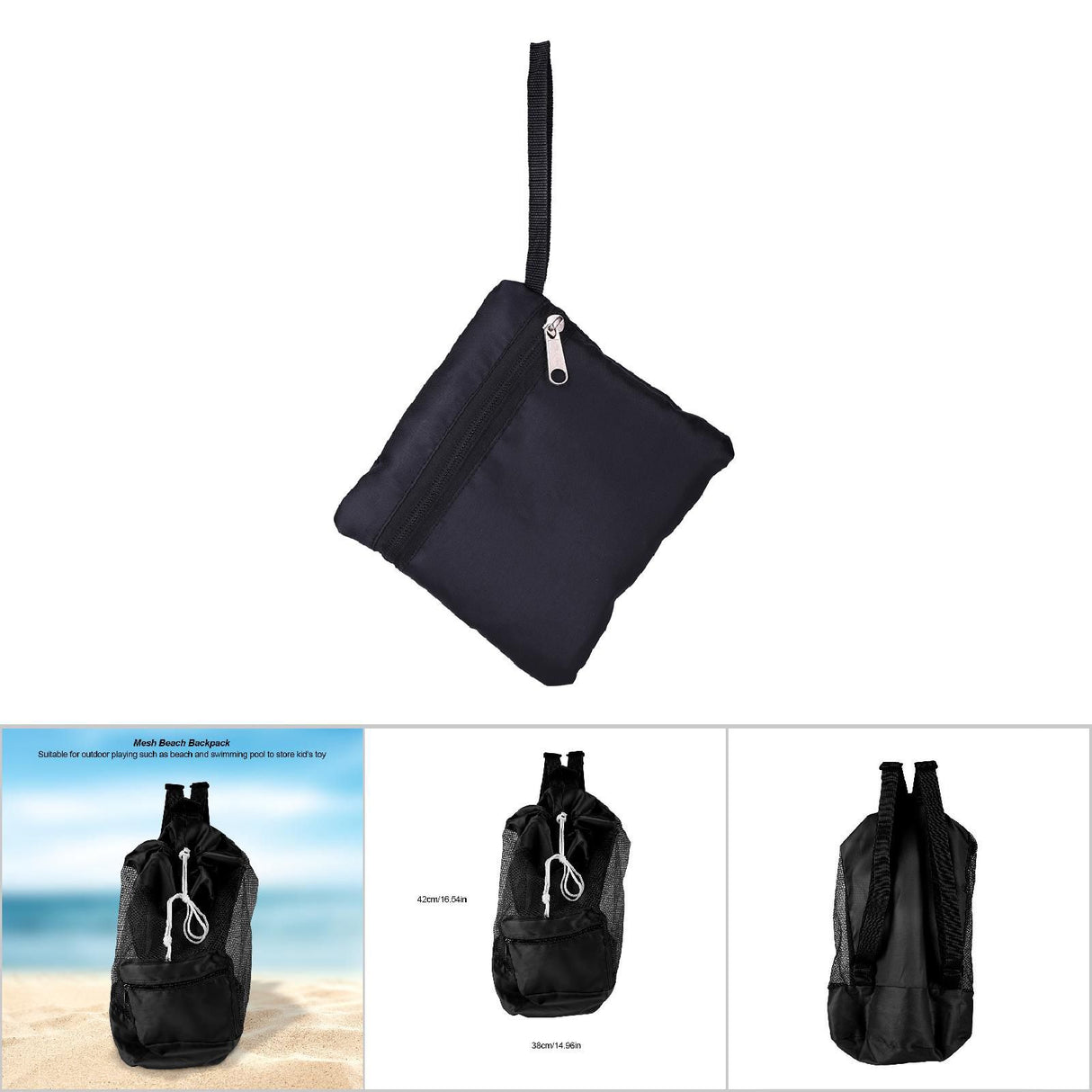 Portable Children Kids Mesh Drawstring Backpack Outdoor Beach Shell Toy Storage Bag (Black)