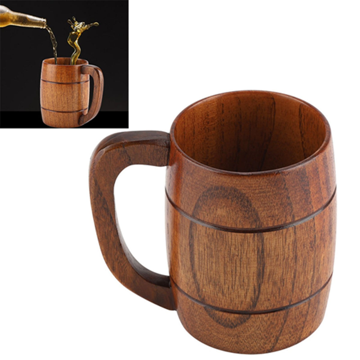 Natural Wooden Beer Cup Retro Big Capacity Tea Water Classic Wood Drinking Mug with Handle