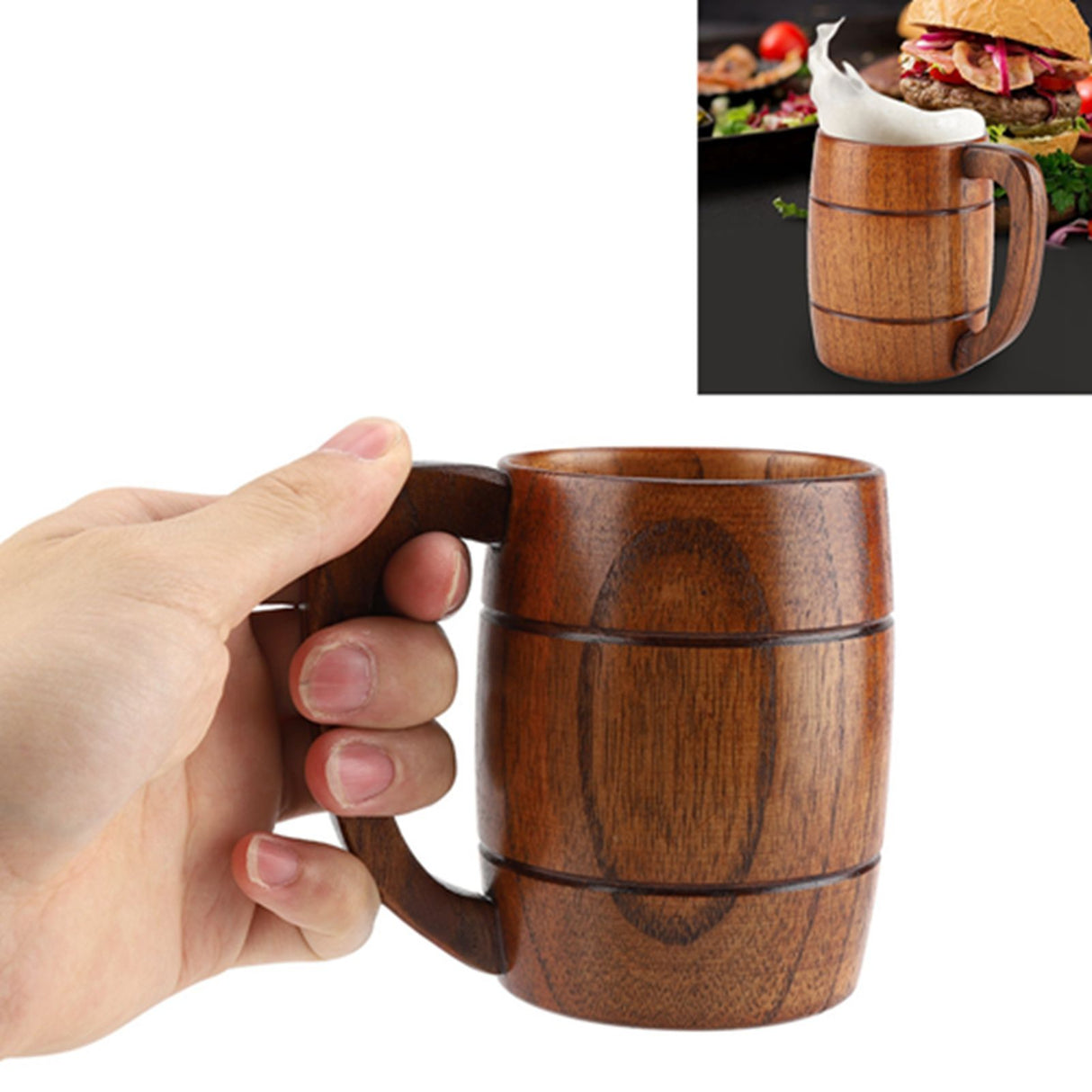 Natural Wooden Beer Cup Retro Big Capacity Tea Water Classic Wood Drinking Mug with Handle