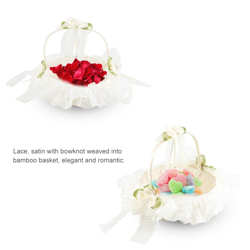 Romantic Lace Flower Girl Basket Bamboo Satin Bowknot Bridal Baskets for Wedding Party Decor