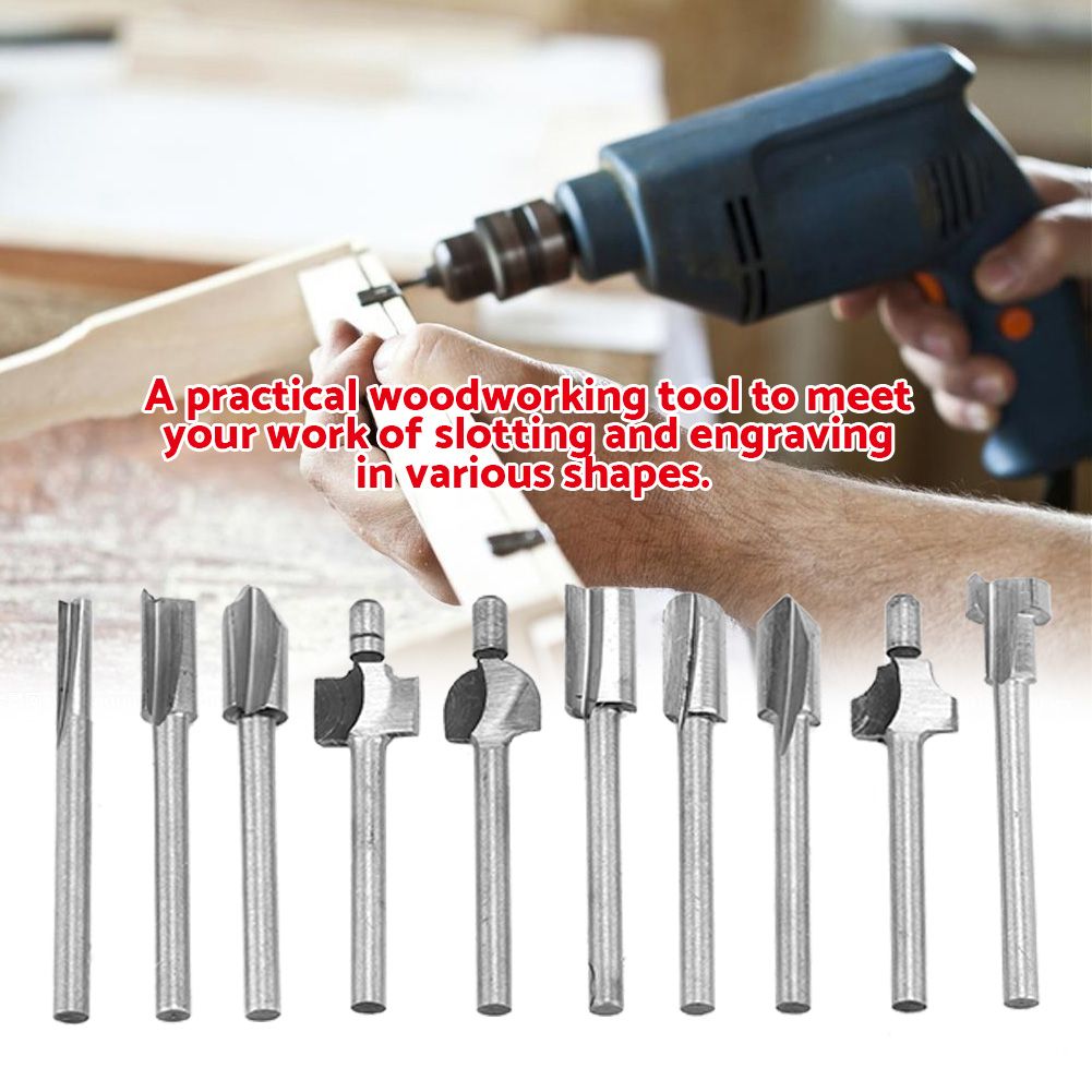10pcs/Set 1/8in Shank High Speed Steel Milling Cutter Router Bits Woodworking Part Tool