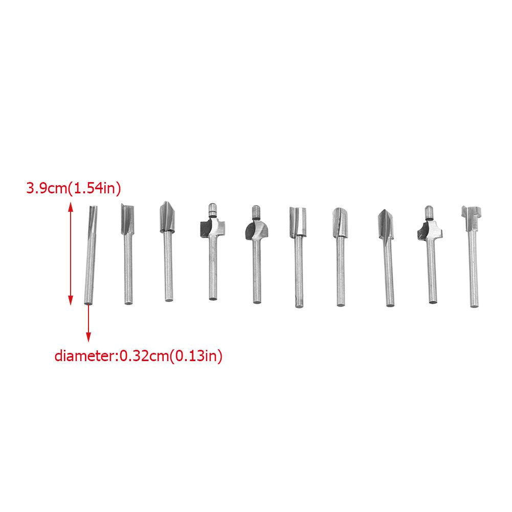 10pcs/Set 1/8in Shank High Speed Steel Milling Cutter Router Bits Woodworking Part Tool