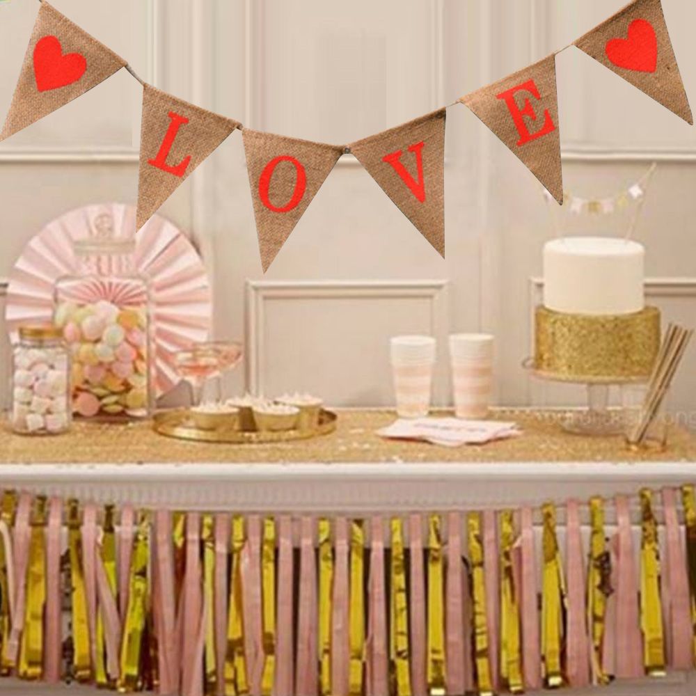 LOVE Triangle Linen Hanging Flags Banner Bunting for Wedding Bridal Shower Proposal Decoration